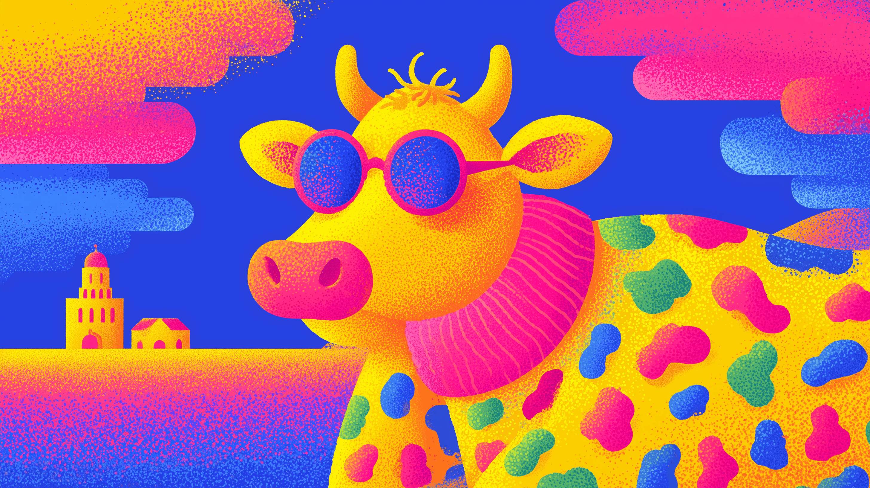 Colorful cow illustration with launch text